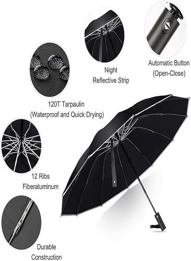 MIXEN Inverted Umbrella with Fiberglass Ribs, Auto Open/Close Reinforced Windproof Folding Umbrella with Anti-UVCoating, Travel Umbrella, Reflective Stripes for Night Safety, Black - Image 3
